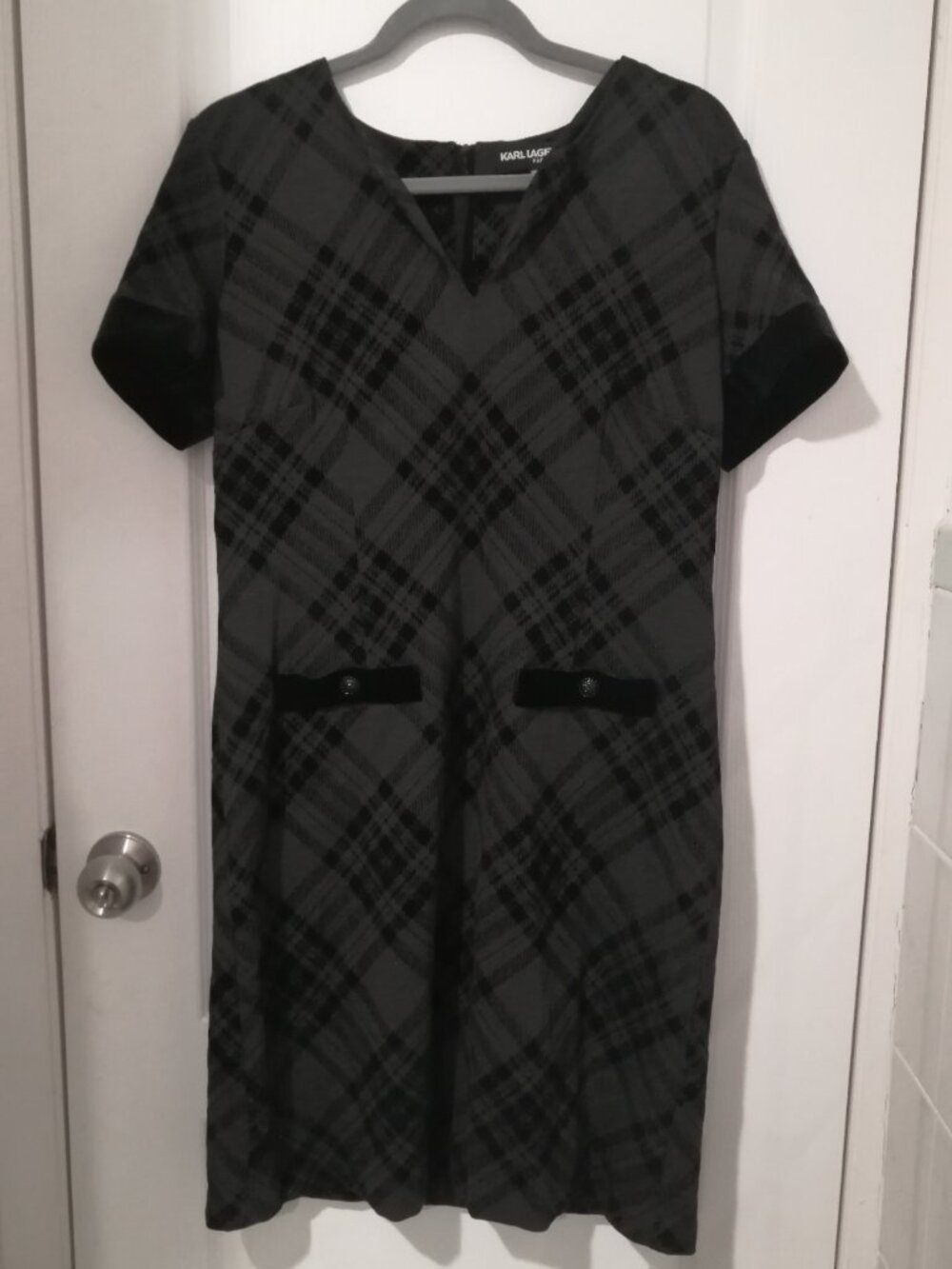 Flocked Plaid Dress with Velvet Trim